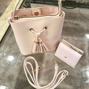New Pink Faux Leather Fashion Bucket bag With Matching Wallet